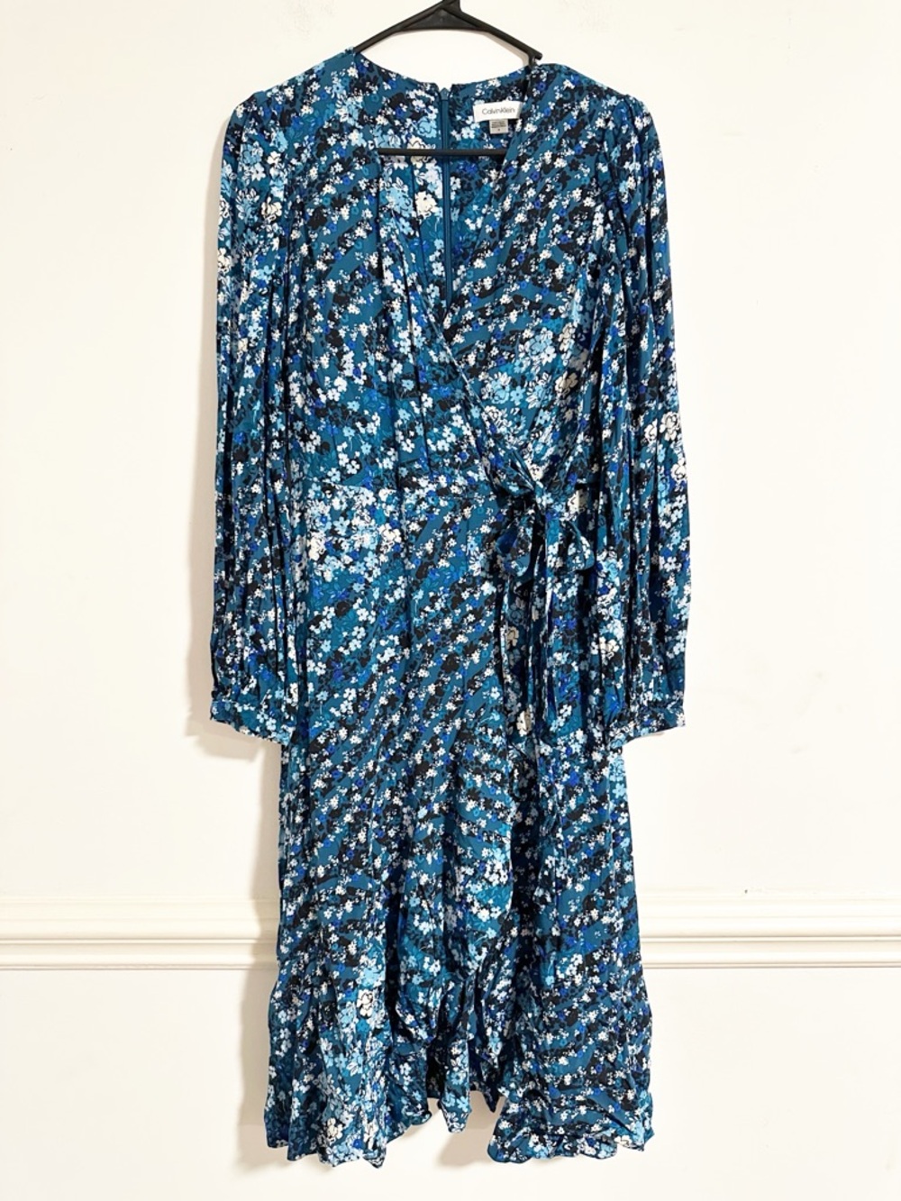 Calvin Klein Blue Floral Faux Wrap Midi Dress Long Sleeve Size 4